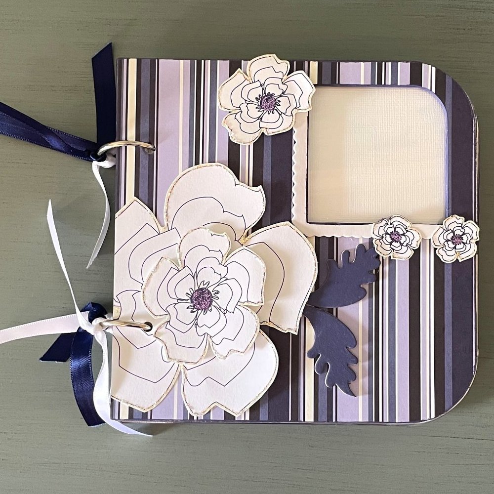Pre-made Mini Scrapbook w/Ribbons, Navy Blue, White and Purple